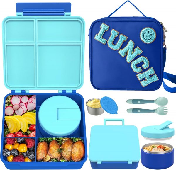 Kids Bento Lunch Box with 8oz Soup Thermo, Kids Leakproof Lunch Food Containers with 4 Compartment,Insulated Hot Food Jar with Lunch Bag for School, Travel (Blue)