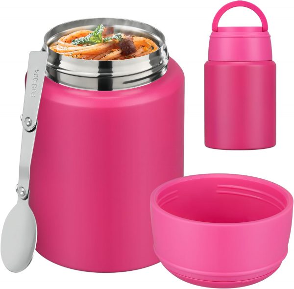 Soup Thermo for Hot Food Kids 16oz Insulated Food Jar Leakproof Thermo Lunch Container for Kids Wide-Mouth Stainless Steel Lunch Box for School with Handle Folding Spoon(3+)​