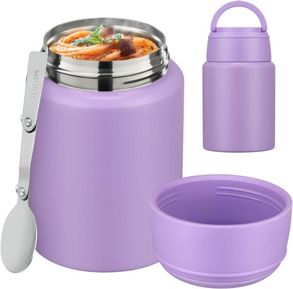 Soup Thermo for Hot Food Kids 16oz Insulated Food Jar Leakproof Thermo Lunch Container for Kids Wide-Mouth Stainless Steel Lunch Box for School with Handle Folding Spoon(3+)​