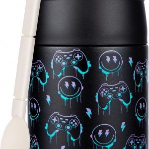 10oz Soup Thermo for Hot Food Kids Insulated Food Jar with Spoon Wide Mouth Stainless Steel Lunch Container Leak Proof Vacuum Food Box for School Travel Picnic Black Game