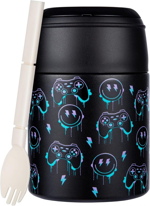 10oz Soup Thermo for Hot Food Kids Insulated Food Jar with Spoon Wide Mouth Stainless Steel Lunch Container Leak Proof Vacuum Food Box for School Travel Picnic Black Game