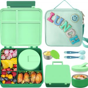 Kids Bento Lunch Box with 8oz Soup Thermo, Kids Leakproof Lunch Food Containers with 4 Compartment,Insulated Hot Food Jar with Lunch Bag for School, Travel (Green)