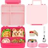 Kids Bento Lunch Box with 8oz Soup Thermo, Kids Leakproof Lunch Food Containers with 4 Compartment,Insulated Hot Food Jar with Lunch Bag for School, Travel (Pink-No lunch bag)