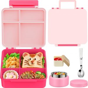 Kids Bento Lunch Box with 8oz Soup Thermo, Kids Leakproof Lunch Food Containers with 4 Compartment,Insulated Hot Food Jar with Lunch Bag for School, Travel (Pink-No lunch bag)