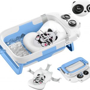 Collapsible Baby Bathtub for Newborn, Baby Bath Tub with Thermometer & Soft Floating Cushion & Drain Hole for Infant to Toddler, Portable Travel Bathtub with No-Slip Feet for 0-36 Months-Blue