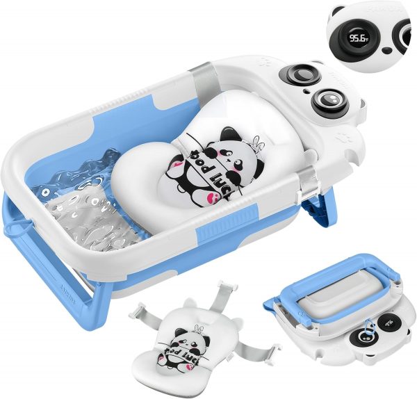 Collapsible Baby Bathtub for Newborn, Baby Bath Tub with Thermometer & Soft Floating Cushion & Drain Hole for Infant to Toddler, Portable Travel Bathtub with No-Slip Feet for 0-36 Months-Blue