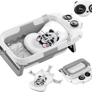 Collapsible Baby Bathtub for Newborn, Baby Bath Tub with Thermometer & Soft Floating Cushion & Drain Hole for Infant to Toddler, Portable Travel Bathtub with No-Slip Feet for 0-36 Months-Gray