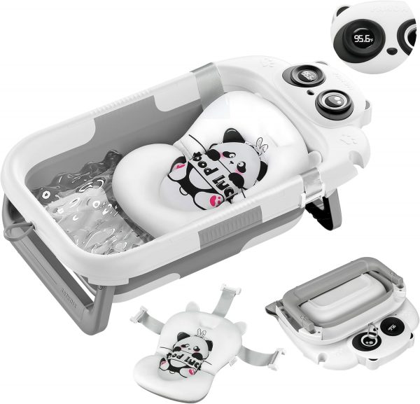Collapsible Baby Bathtub for Newborn, Baby Bath Tub with Thermometer & Soft Floating Cushion & Drain Hole for Infant to Toddler, Portable Travel Bathtub with No-Slip Feet for 0-36 Months-Gray