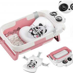Collapsible Baby Bathtub for Newborn, Baby Bath Tub with Thermometer & Soft Floating Cushion & Drain Hole for Infant to Toddler, Portable Travel Bathtub with No-Slip Feet for 0-36 Months-Pink
