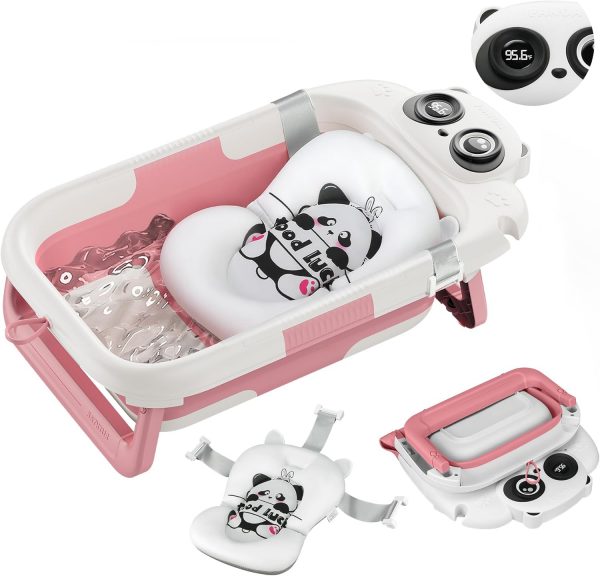 Collapsible Baby Bathtub for Newborn, Baby Bath Tub with Thermometer & Soft Floating Cushion & Drain Hole for Infant to Toddler, Portable Travel Bathtub with No-Slip Feet for 0-36 Months-Pink