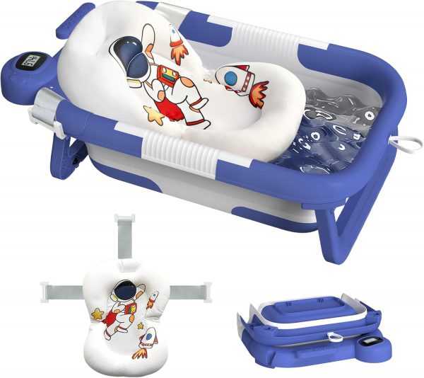 Collapsible Baby Bathtub for Newborn to Toddler (0-24 Months), Portable Baby Bath Tub for Travel, Newborn Bathtub with Soft and Supportive Cushion (Astronaut-Blue)