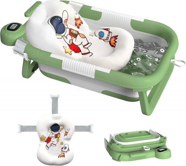 Collapsible Baby Bathtub for Newborn to Toddler (0-24 Months), Portable Baby Bath Tub for Travel, Newborn Bathtub with Soft and Supportive Cushion (Astronaut-Green)