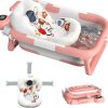 Collapsible Baby Bathtub for Newborn to Toddler (0-24 Months), Portable Baby Bath Tub for Travel, Newborn Bathtub with Soft and Supportive Cushion (Astronaut-Pink)