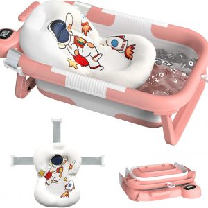 Collapsible Baby Bathtub for Newborn to Toddler (0-24 Months), Portable Baby Bath Tub for Travel, Newborn Bathtub with Soft and Supportive Cushion (Astronaut-Pink)