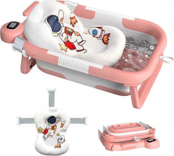 Collapsible Baby Bathtub for Newborn to Toddler (0-24 Months), Portable Baby Bath Tub for Travel, Newborn Bathtub with Soft and Supportive Cushion (Astronaut-Pink)