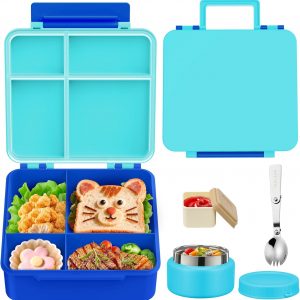 Kids Bento Lunch Box with 8oz Soup Thermo, Kids Leakproof Lunch Food Containers with 4 Compartment,Insulated Hot Food Jar with Lunch Bag for School, Travel (Blue-No lunch bag)