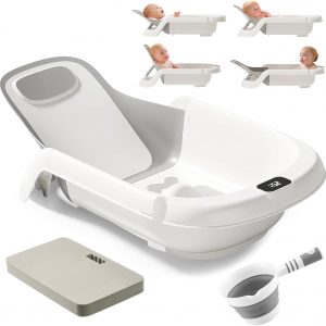 Reclining Baby Bathtub for Newborn, Angle Adjustable Baby Tub for Infant to Toddler, Bath Support in Tub, Thermometer & Bath Kneeler Rest Pad & Clean Rinse Cup, 6-36 Months-Gray