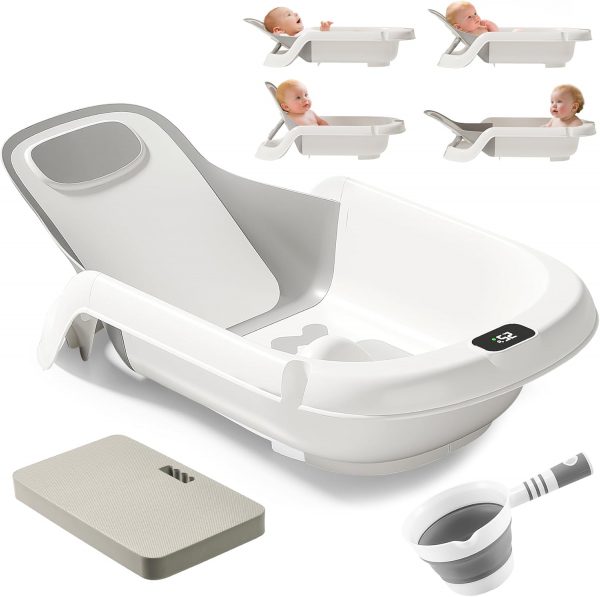 Reclining Baby Bathtub for Newborn, Angle Adjustable Baby Tub for Infant to Toddler, Bath Support in Tub, Thermometer & Bath Kneeler Rest Pad & Clean Rinse Cup, 6-36 Months-Gray