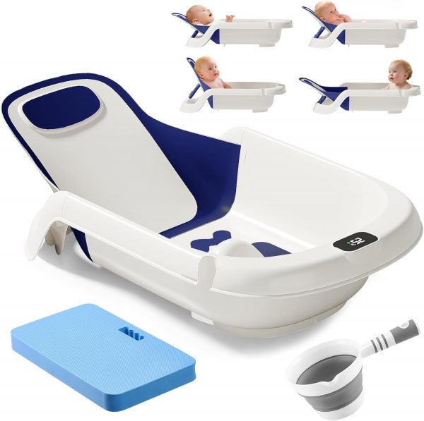 Reclining Baby Bathtub for Newborn, Angle Adjustable Baby Tub for Infant to Toddler, Bath Support in Tub, Thermometer & Bath Kneeler Rest Pad & Clean Rinse Cup, 6-36 Months-Blue