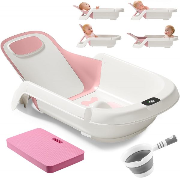 Reclining Baby Bathtub for Newborn, Angle Adjustable Baby Tub for Infant to Toddler, Bath Support in Tub, Thermometer & Bath Kneeler Rest Pad & Clean Rinse Cup, 6-36 Months-Pink