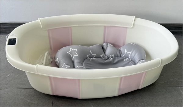 Baby Bathtub for Newborn with Thermometer & Soft Floating Cushion, Bathtub with Drain Hole, Durable Travel Foldable Baby Tubs for Infants to Toddler (Light Pink)