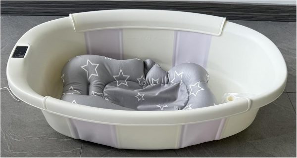 Baby Bathtub for Newborn with Thermometer & Soft Floating Cushion, Bathtub with Drain Hole, Durable Travel Foldable Baby Tubs for Infants to Toddler (Light Purple)