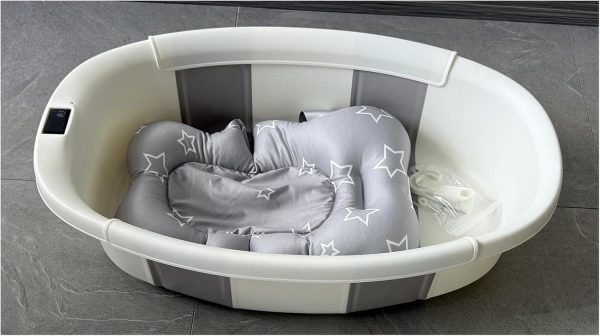 Baby Bathtub for Newborn with Thermometer & Soft Floating Cushion, Bathtub with Drain Hole, Durable Travel Foldable Baby Tubs for Infants to Toddler (Light Gray)