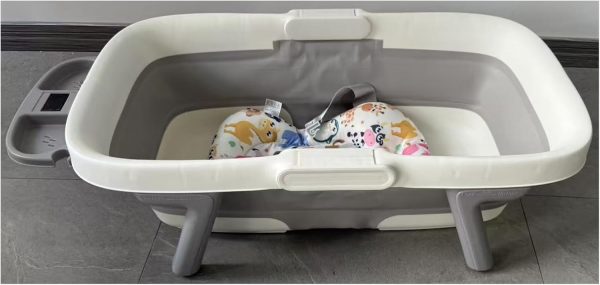 Baby Bathtub for Newborn with Thermometer & Soft Floating Cushion, Bathtub with Drain Hole, Durable Travel Foldable Baby Tubs for Infants to Toddler (Medium Gray)