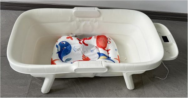 Baby Bathtub for Newborn with Thermometer & Soft Floating Cushion, Bathtub with Drain Hole, Durable Travel Foldable Baby Tubs for Infants to Toddler (Snow White)
