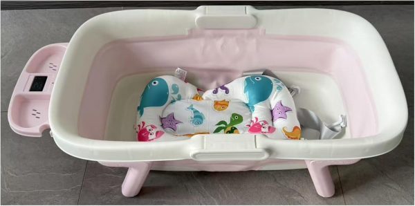 Baby Bathtub for Newborn with Thermometer & Soft Floating Cushion, Bathtub with Drain Hole, Durable Travel Foldable Baby Tubs for Infants to Toddler (Pastel Pink)